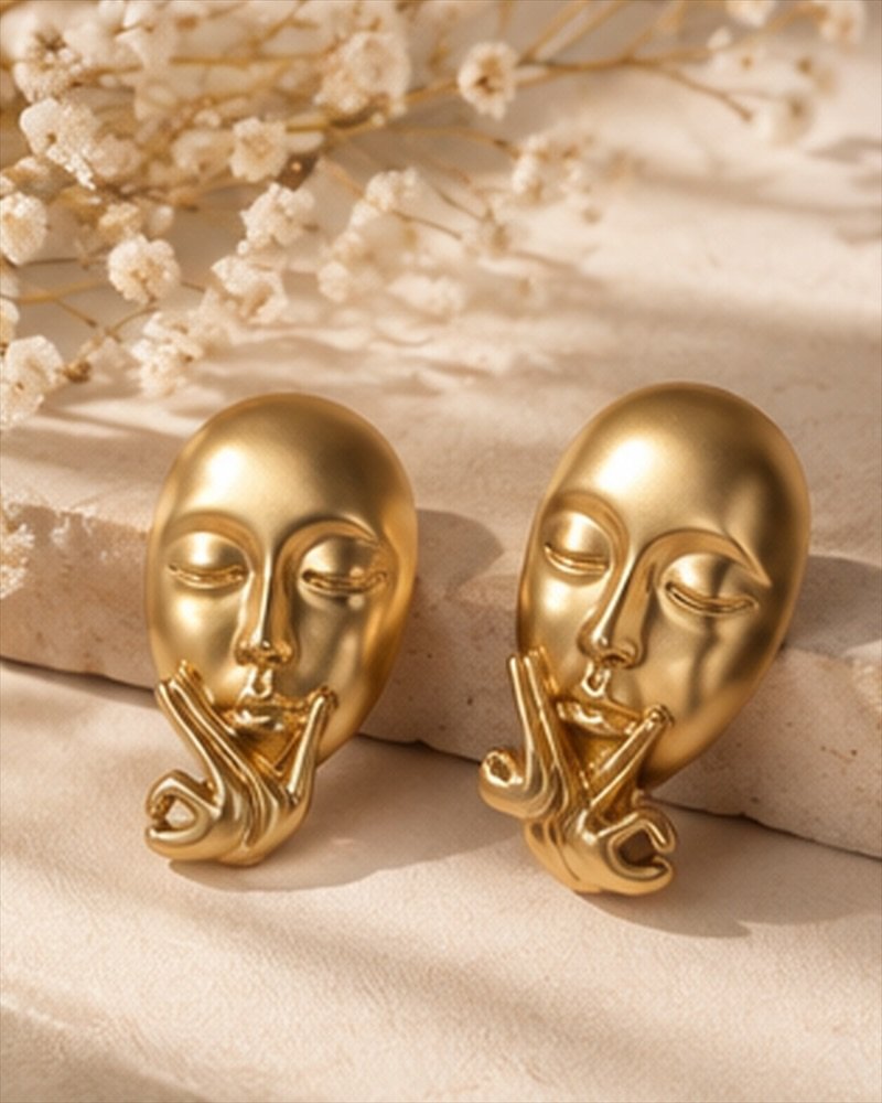 Sculptural matte-gold face earrings with closed eyes and a hand at the chin, resting on stone beside dried flowers